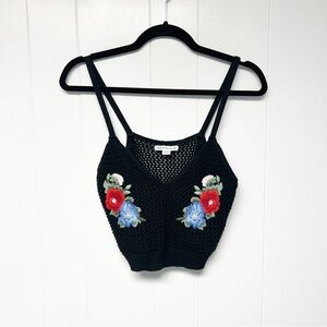 American Eagle Outfitters Black  Embroidered Crochet Festival Cropped Tank Small